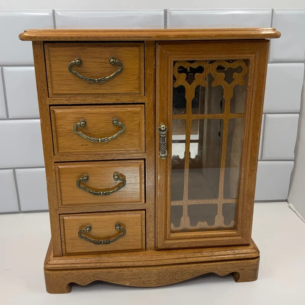 Vintage Wood Jewelry Armoire Chest Box Organizer 11.25x9.75x5.5in